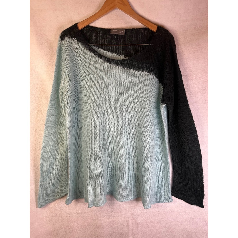 Wooden Ships M/L Mint Green Black Asymmetric‎ Two Tone Design Open Knit Sweater